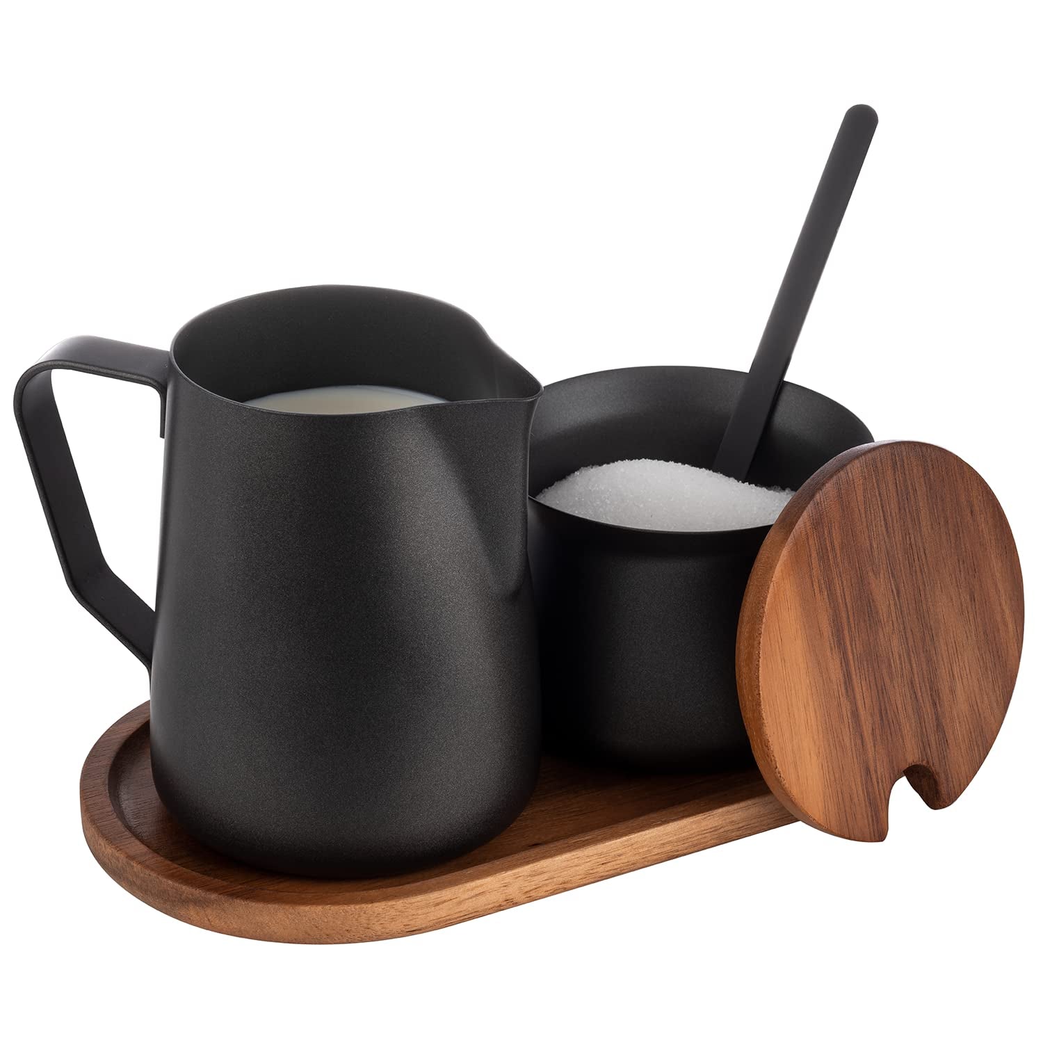 Set latte e zucchero APS 634, set 5 pezzi, legno di acacia, acciaio inossidabile, rivestimento antiaderente, nero