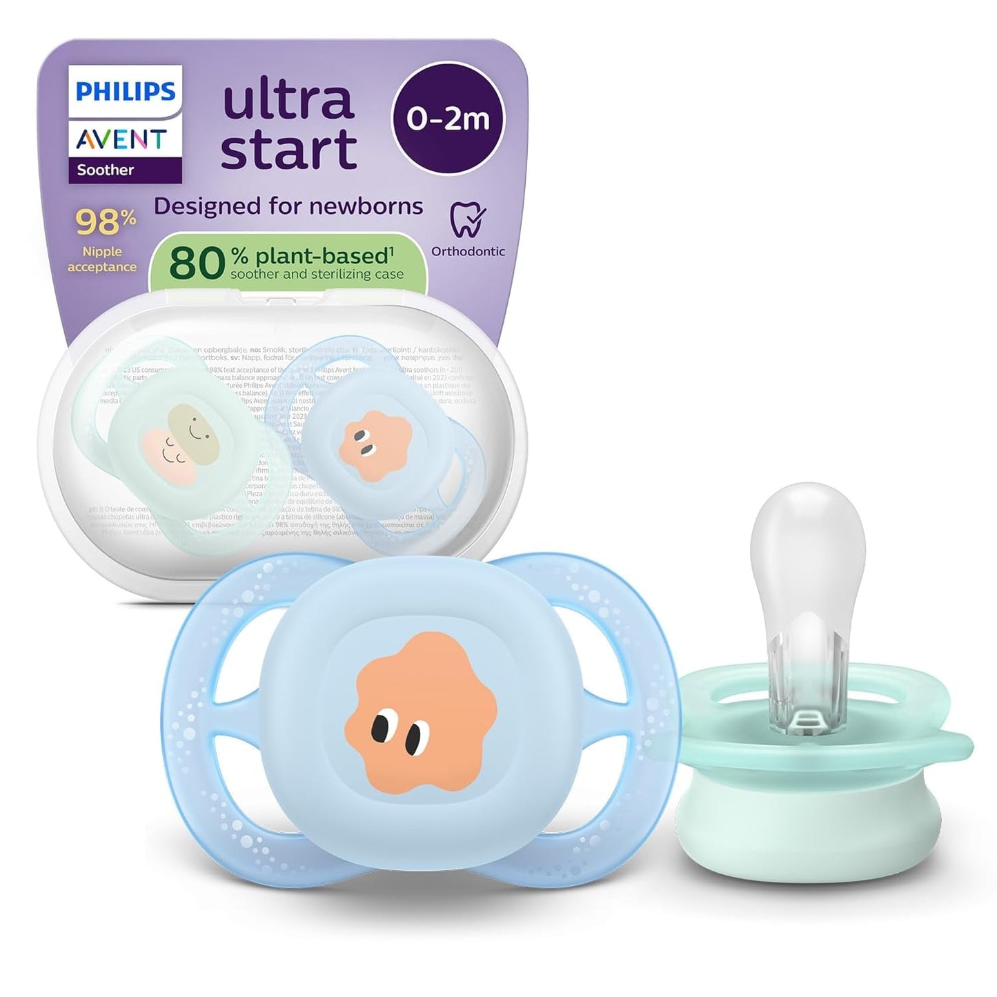 Philips AVENT Ciuccio Ultra Start Night, Ciuccio ortodontico per neonati, Si illumina al buio, Senza BPA, con contenitore per sterilizzazione, Confezione doppia, Luna, Stella, SCF075/07