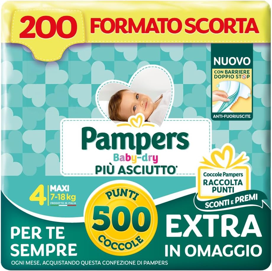 Pampers Baby Dry Maxi Taglia 4 (7-18kg), 200 Pannolini + 500 Punti Coccola Extra Gratis