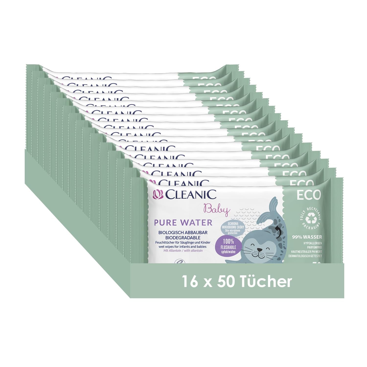 Salviettine umidificate Cleanic Baby Eco Pure Water – (1 x 50 pz.) Salviette umidificate per bambini e neonati – senza profumo, lavabili, pelle sensibile – 50 pz.