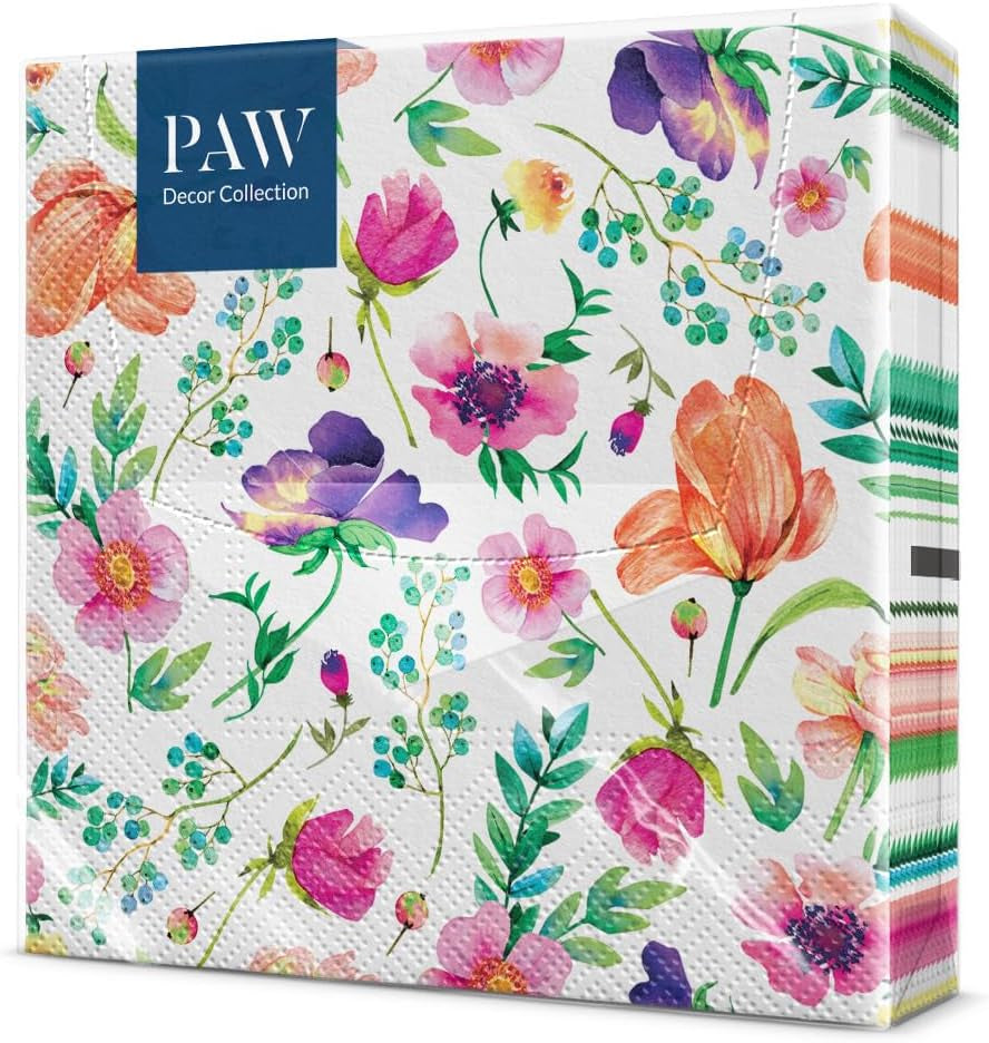 PAW - Tovaglioli 3 Veli (33 X 33 Cm) I 20 Pezzi I Perfetti per Compleanni, Feste, Matrimoni, Comunioni e Festività I Decorazioni per la Tavola Tovaglioli di Carta Colorati - Fiori Colorati Flora I Composizioni Floreali