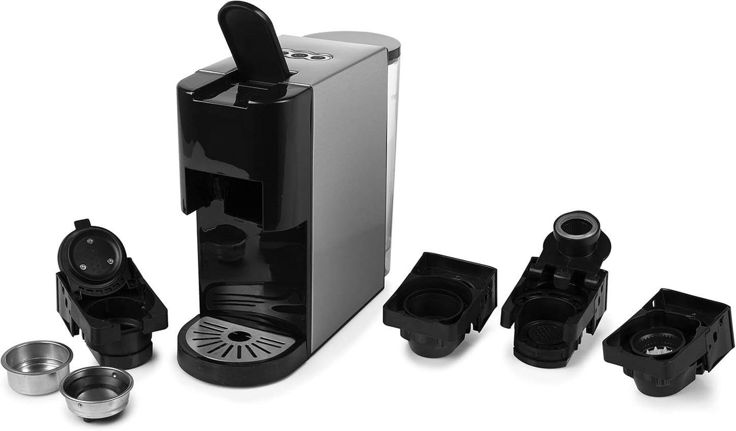 Macchina per caffè espresso multicapsula Princess 5 in 1 - Compatibile con Nespresso, Dolce Gusto, Lavazza a Modo Mio e cialde ESE, Capacità 0,8 L, 1450 W, Argento, Nero