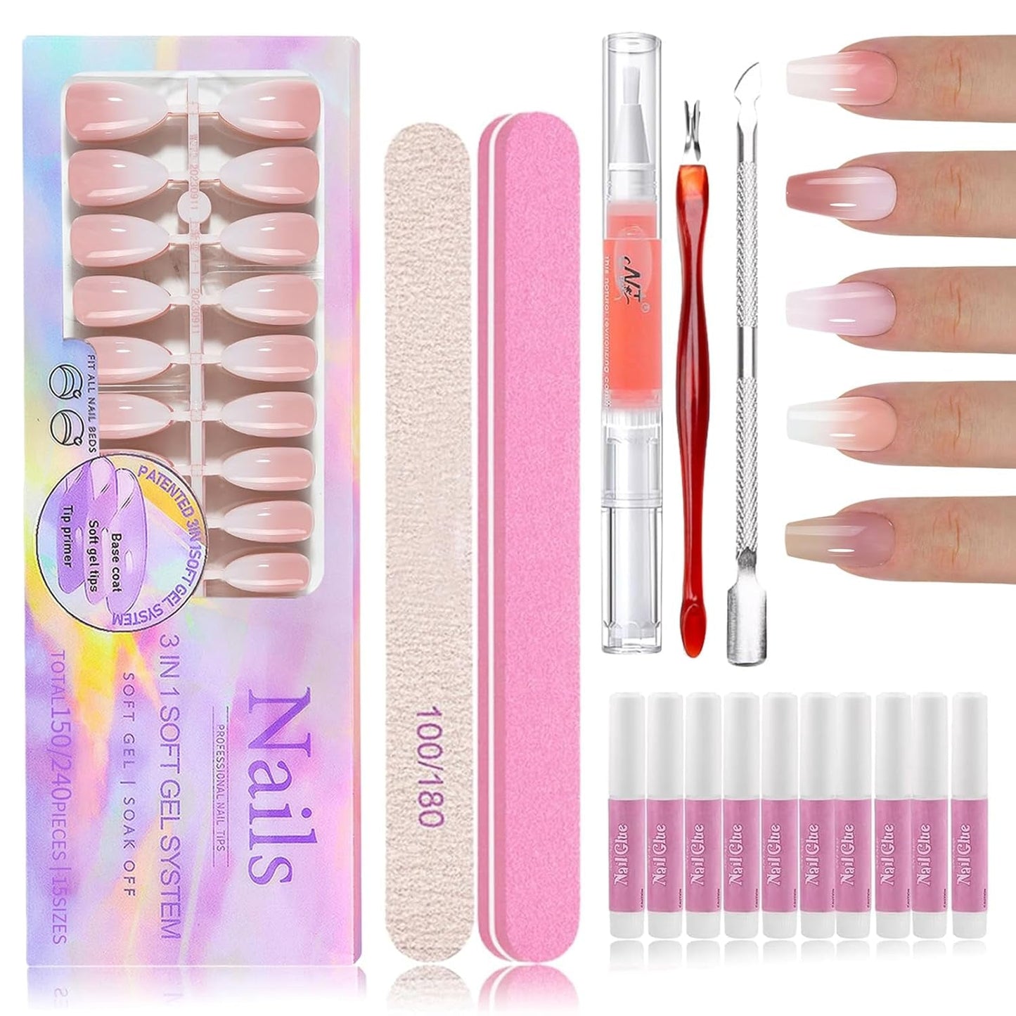 Kit per unghie finte sfumate da 150 pezzi - 5 colori per unghie finte autoadesive dal design sfumato - Copertura completa per donne e ragazze - Unghie finte lucide per manicure fai-da-te (Quadrato)