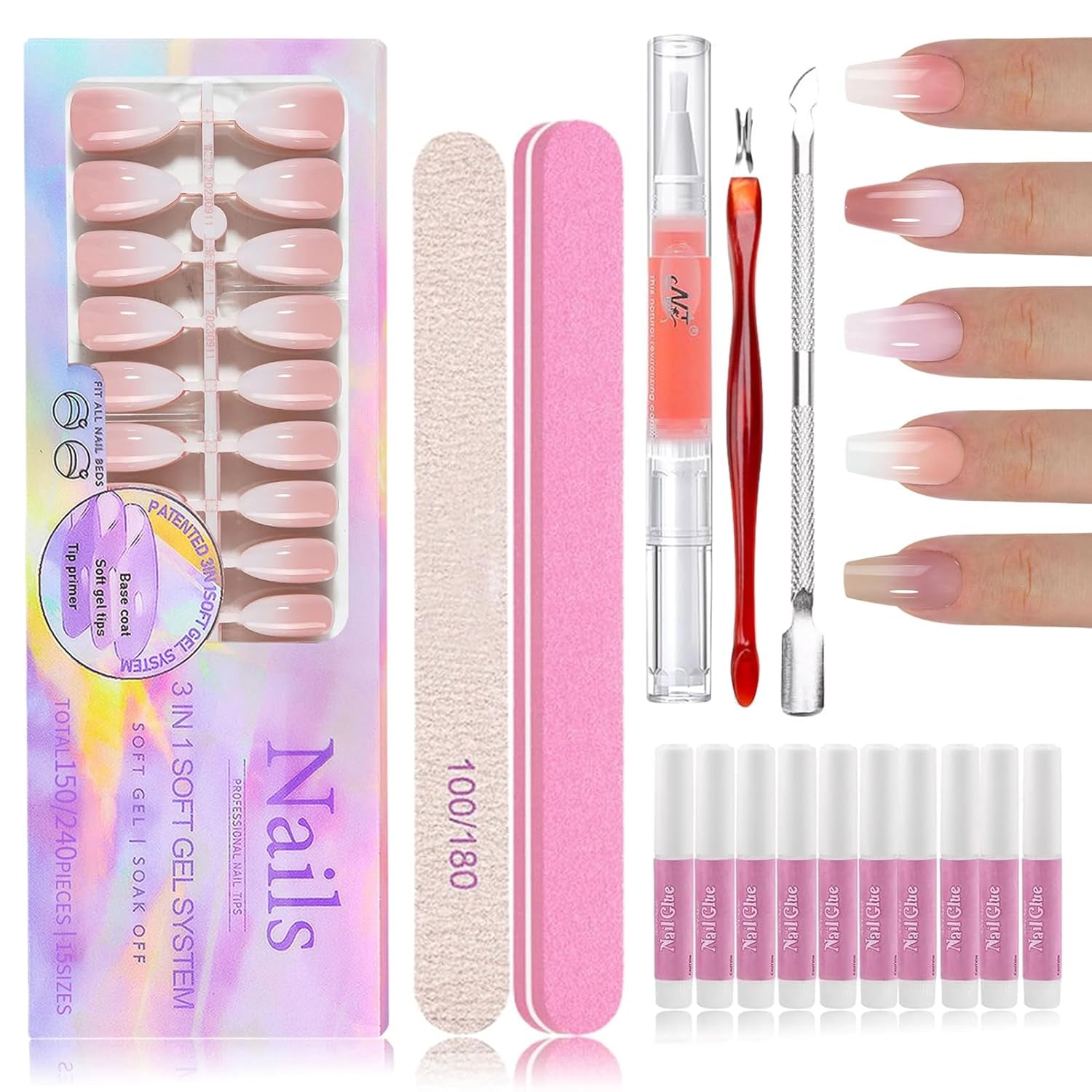 Kit per unghie finte sfumate da 150 pezzi - 5 colori per unghie finte autoadesive dal design sfumato - Copertura completa per donne e ragazze - Unghie finte lucide per manicure fai-da-te (Quadrato)