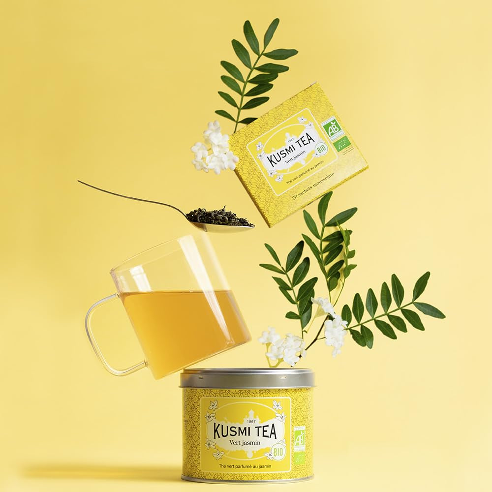 Kusmi Tea - Confezione da 2 - Tè Verde al Gelsomino - Miscela di Tè Verde al Gelsomino Biologico - Tè Verde 100% Biologico - Può essere consumato caldo o freddo - 2X20 bustine di tè