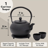 Juvale Set da tè giapponese con teiera in ghisa (1200 ml), piattino e 2 tazze, set da tè stile Tetsubin, nero
