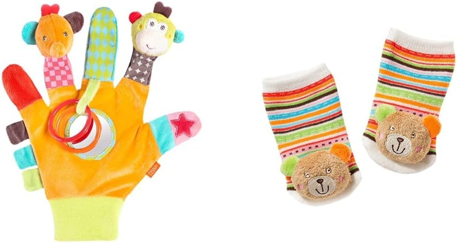 Fehn Guanto da gioco Safari - Marionette da dito con scimmia ed elefante per bambini e calzini con campana a forma di unicorno per bambini - Calzini per bambini con funzione di campana e testa di unicorno - Stimolano le capacità motorie e i sensi Bebe Toys Naty Shop Confezione di calzini con sonagli in peluche Safari