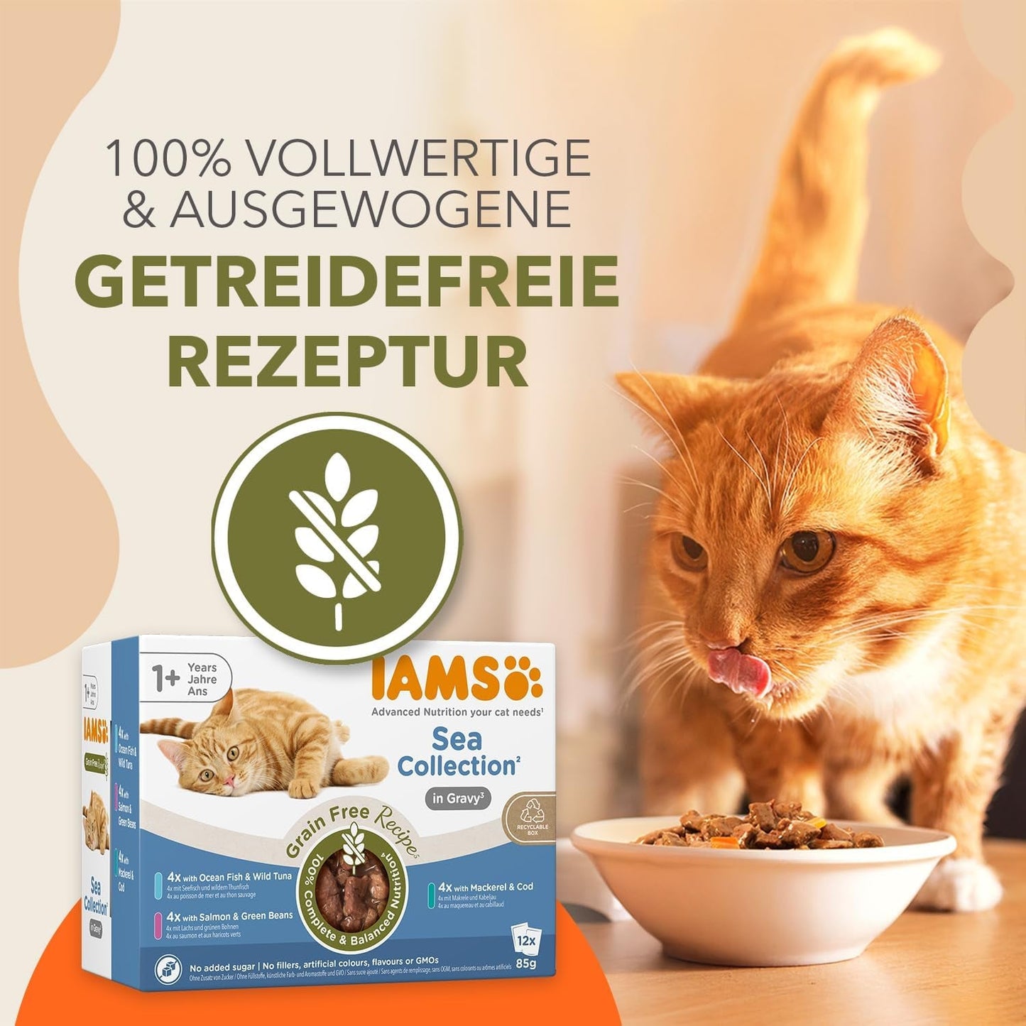 IAMS Delights Sea Collection Cibo umido per gatti senza cereali - Confezione multipla con varietà di pesce in salsa, cibo umido senza cereali per gatti a partire da 1 anno, 12 x 85 g