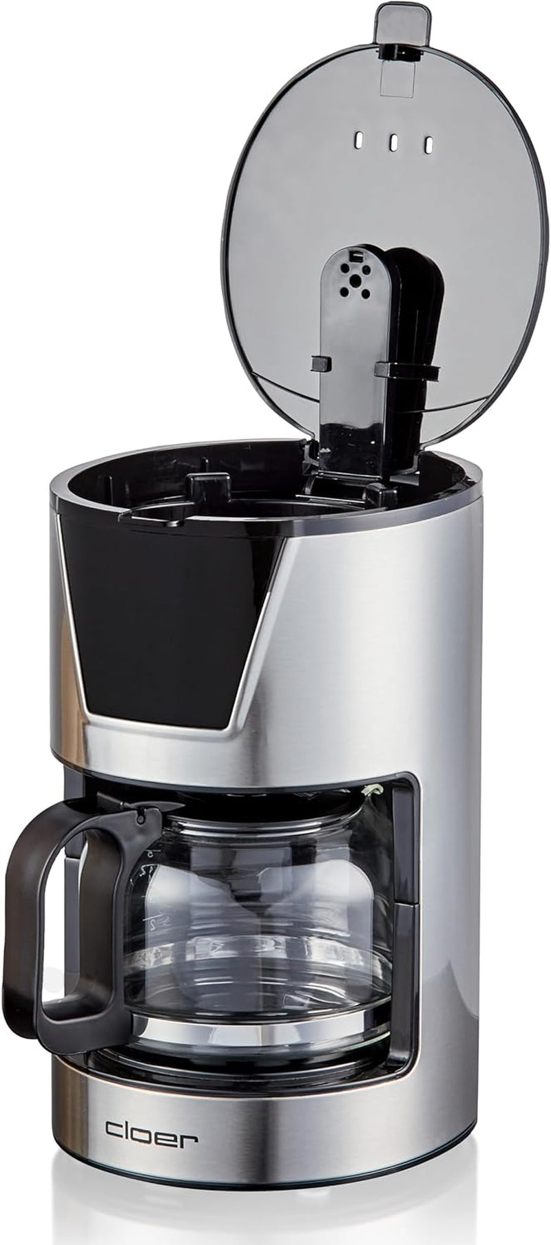 Macchina per caffè espresso con filtro Cloer da 6 tazze, funzione di mantenimento in caldo delicato, caraffa in vetro, misurino, indicatore del livello dell'acqua, sistema antigoccia, spegnimento automatico, dimensione filtro 1x2, 550 W, acciaio inossidabile