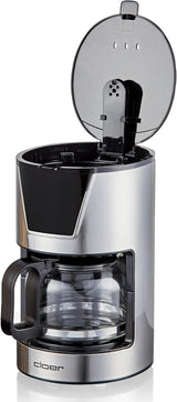Macchina per caffè espresso con filtro Cloer da 6 tazze, funzione di mantenimento in caldo delicato, caraffa in vetro, misurino, indicatore del livello dell'acqua, sistema antigoccia, spegnimento automatico, dimensione filtro 1x2, 550 W, acciaio inossidabile