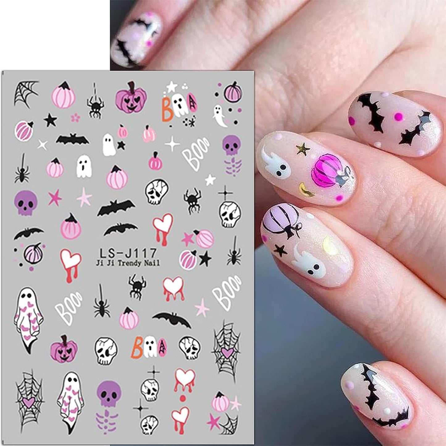 JMEOWIO Adesivo per unghie Halloween Süßer Geisterkürbis 9 Blatt Nail Art Sticker Selbstklebend Nagelaufkleber Dekoration Nageldesign Zubehör