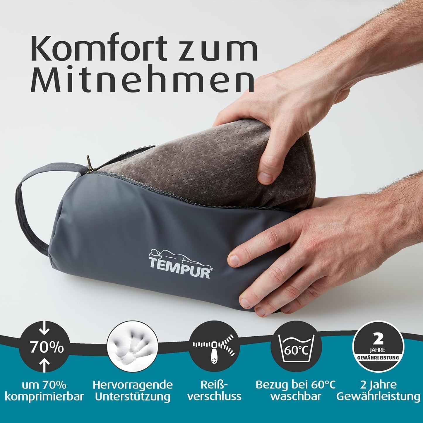 TEMPUR Cuscino da Viaggio in Memory Foam, Cuscino per Collo ergonomico, Borsa per Il Trasporto Inclusa, Antracite, Dimensioni 25 x 31 x 10/7 cm