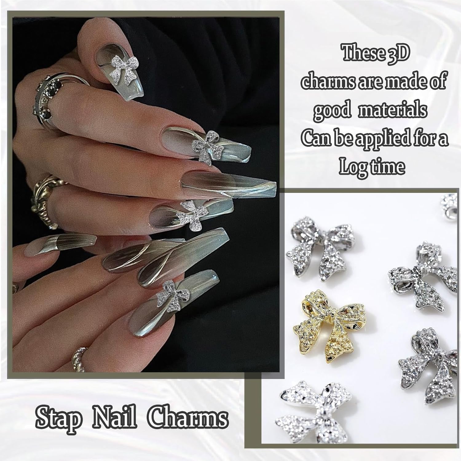 30 fiocchi per unghie in metallo, fiocchi color oro argento grigio, accessori per unghie, decorazioni per unghie per donne e ragazze, design per nail art