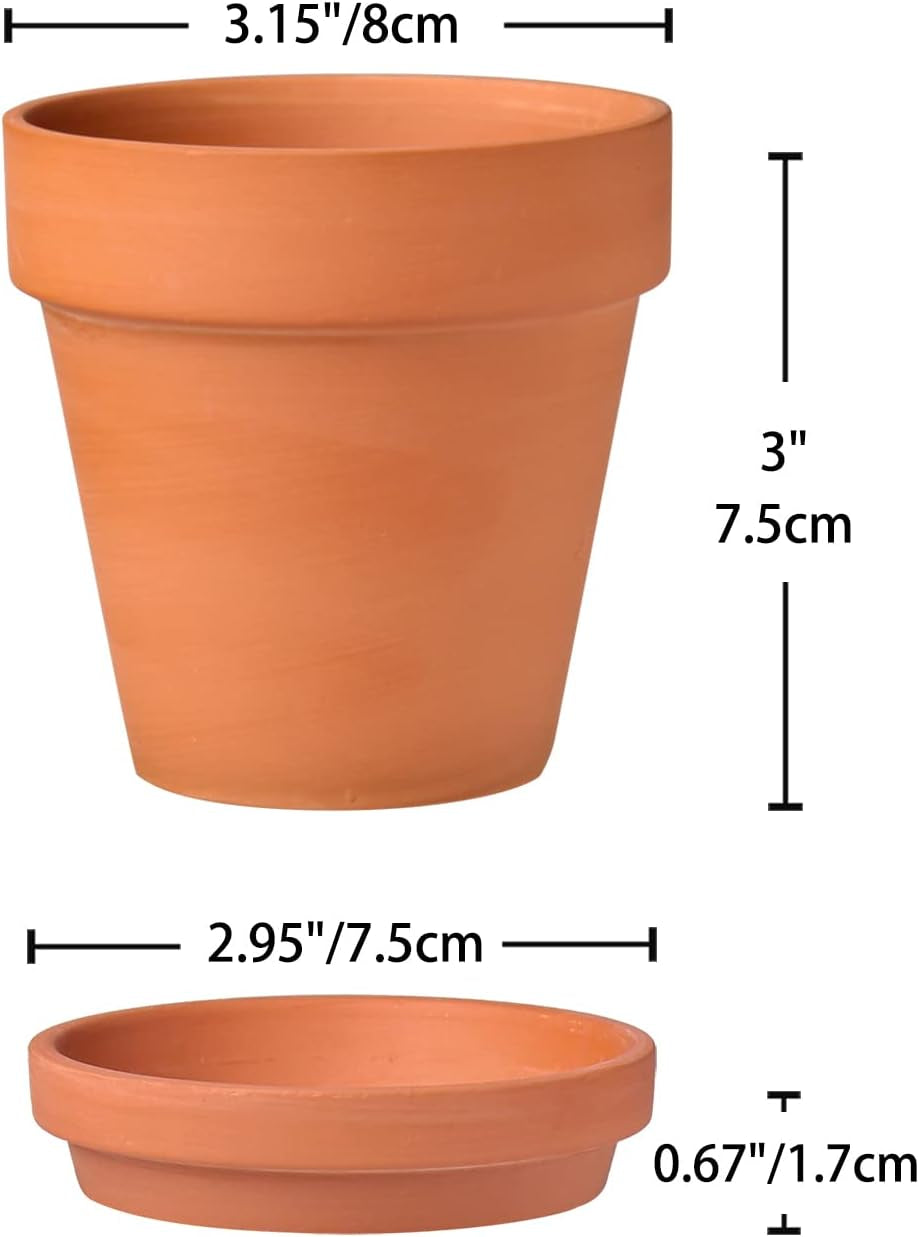 Hollyone Set di 8 fioriere piccole in terracotta, vasi rotondi in terracotta 8x8 cm con piatto e foro di drenaggio, fioriere piccole con vassoio, vasi per piante grasse in terracotta per piante da interno, fioriere in ceramica