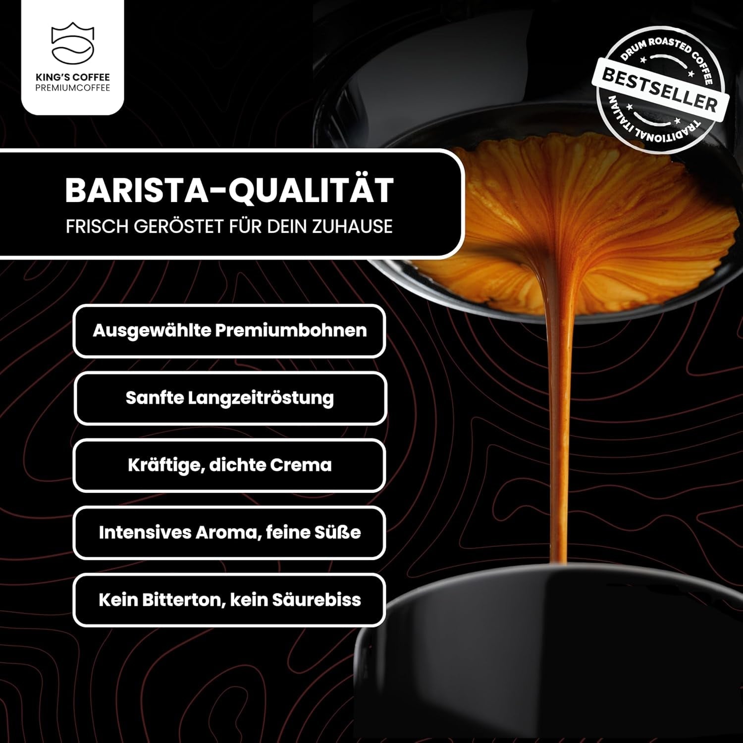 KING'S COFFEE - BLACK EDITION - Caffè in grani dalla crema intensa da 1 kg - Caffè a bassa acidità - Tostatura in piccoli lotti dall'Italia - Grani di caffè espresso Arabica forte (miscela) per macchine completamente automatiche e portafiltro