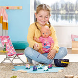 BABY Born 832790 Weekend Fishing - Set di accessori per bambola da pesca con lettino con stampa vivace, tavolino, bicchiere, cestino, anatroccoli e canna da pesca e maglietta lunga rosa, Rosa