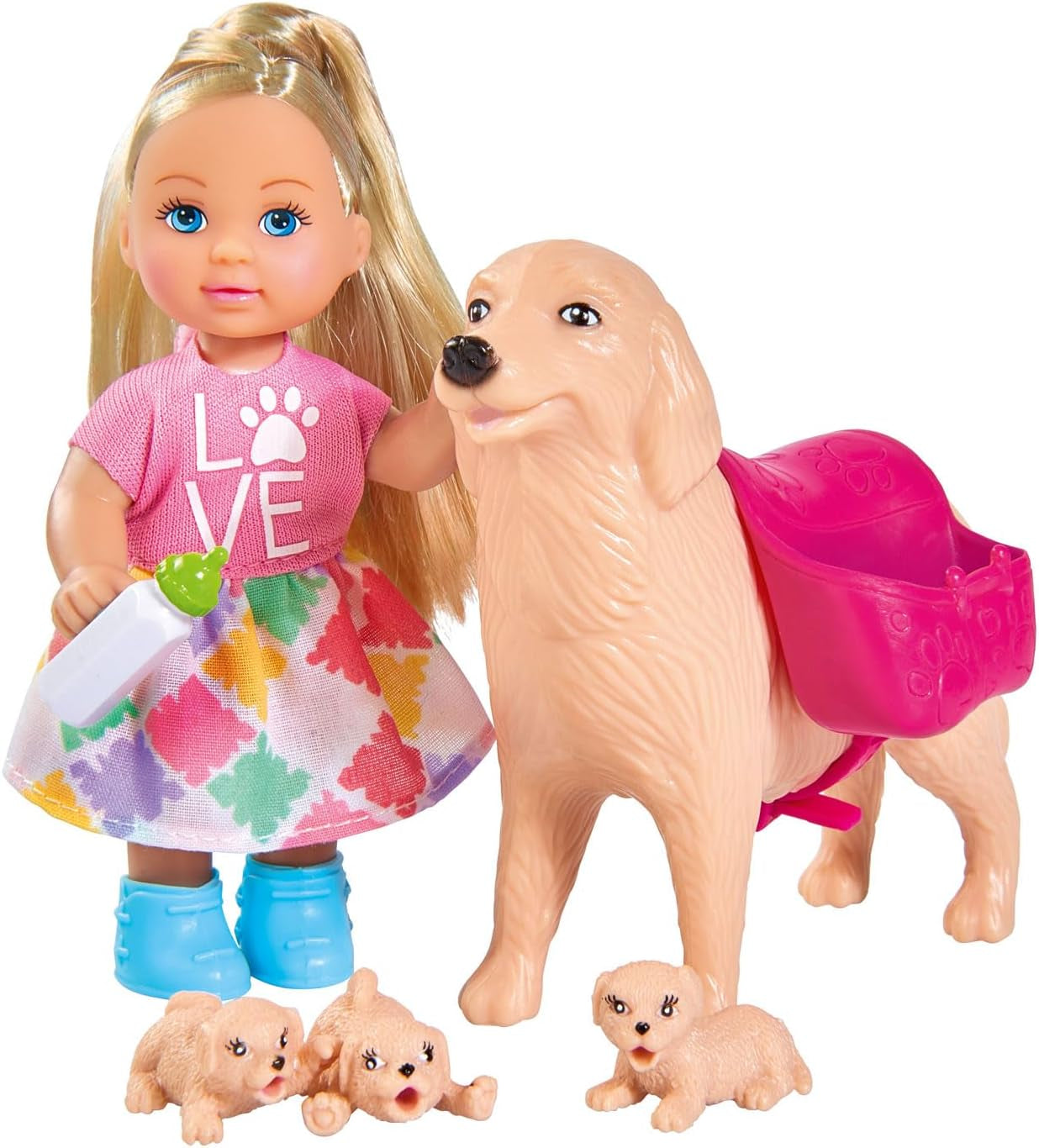 Simba 105733072 - Evi Love Dog Sitter con cane e tre cuccioli, accessori, bambola alla moda, 12 cm, per bambini dai 3 anni in su