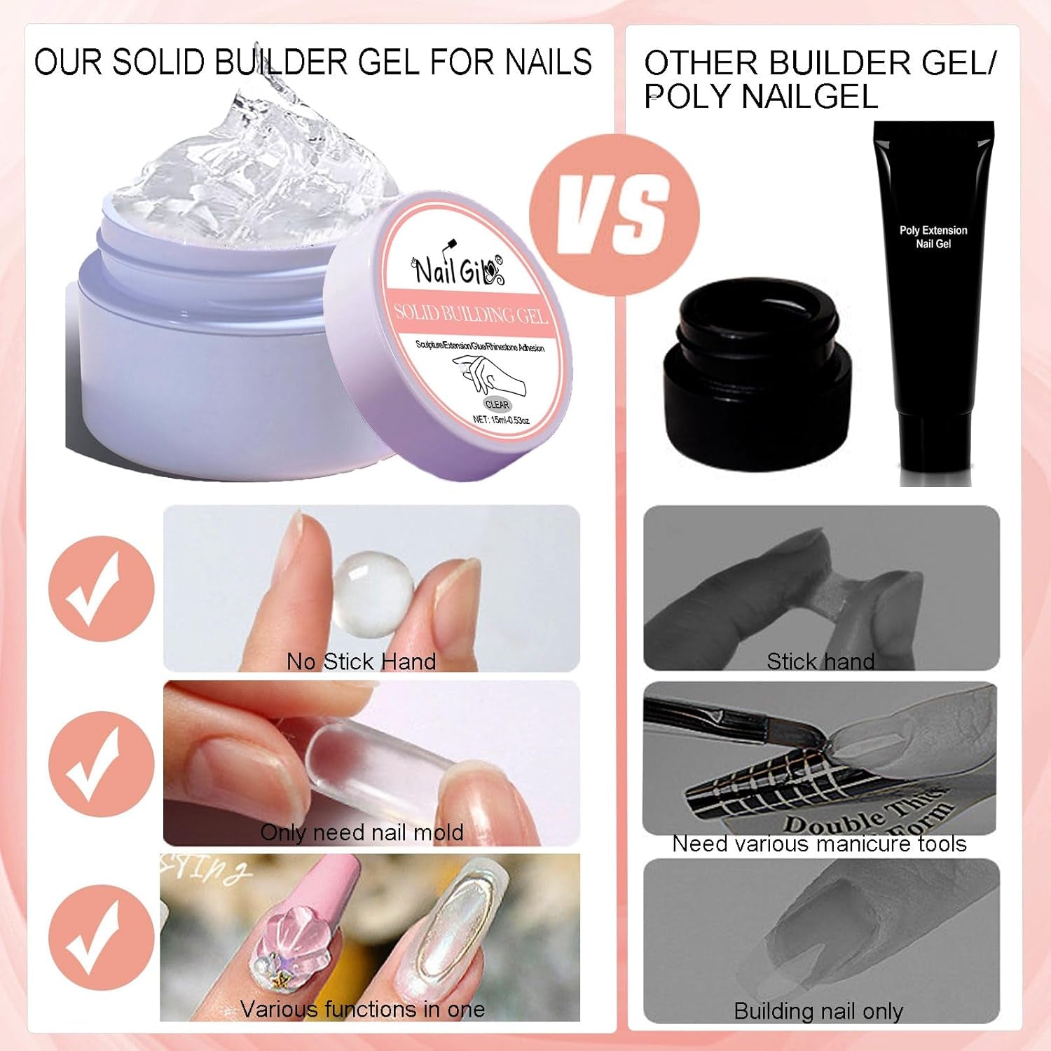 NAILGIL Smalto per unghie gel solido, Colla per unghie gel solido, Scultura per nail art 3D con set di strumenti, Salone per la casa fai-da-te, Trasparente 15G