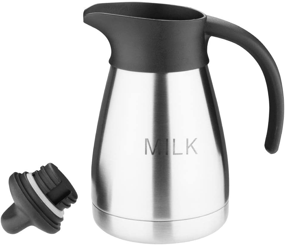 Tazza per latte sottovuoto Olympia con tappo a vite, 500 ml/17 once, acciaio inossidabile con coperchio nero, stampa latte sul lato, postazioni buffet per tè e caffè, CL371