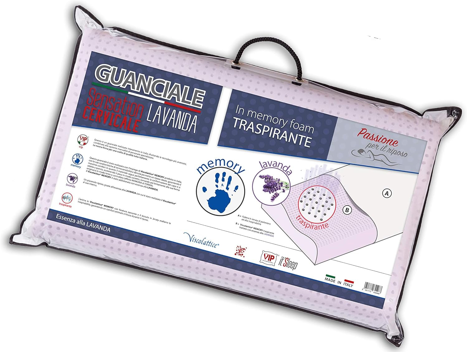 V.I.P. Very Important Pillow Cuscino sapone, riccioli, memory foam, con trattamento lavanda, 42 X 72 X 11, Made in Italy, bianco, C.854492 Naty Shop cuscini standard Alb Viscolattice Memory Con Trattamento Lavanda - Cervicale