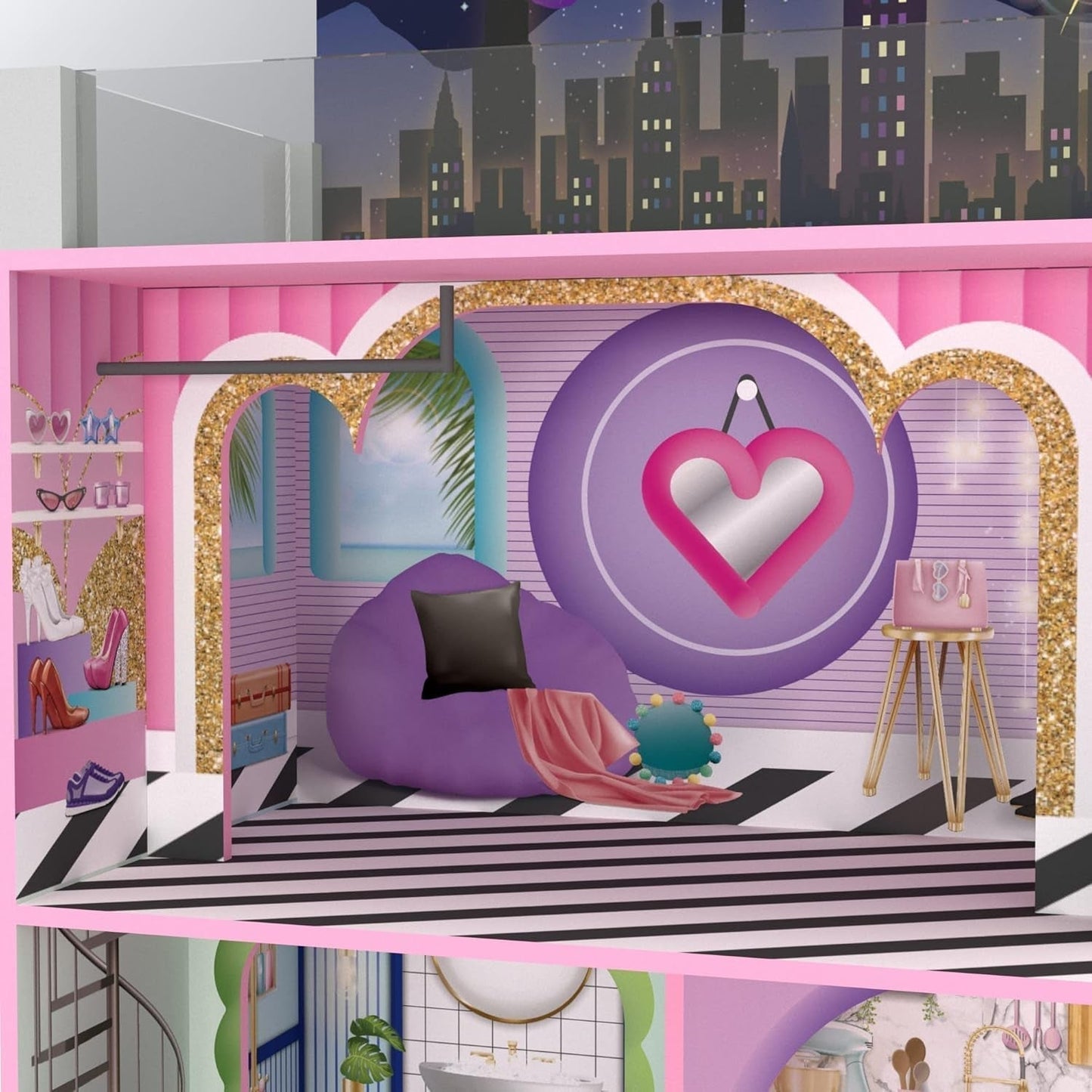 Olivia's Little World Big Dreamland Sunset Casa delle bambole interattiva in legno per bambini contemporanei 3 piani con 16 accessori per mobili per bambole Multi TD-13616A Case delle bambole Naty Shop