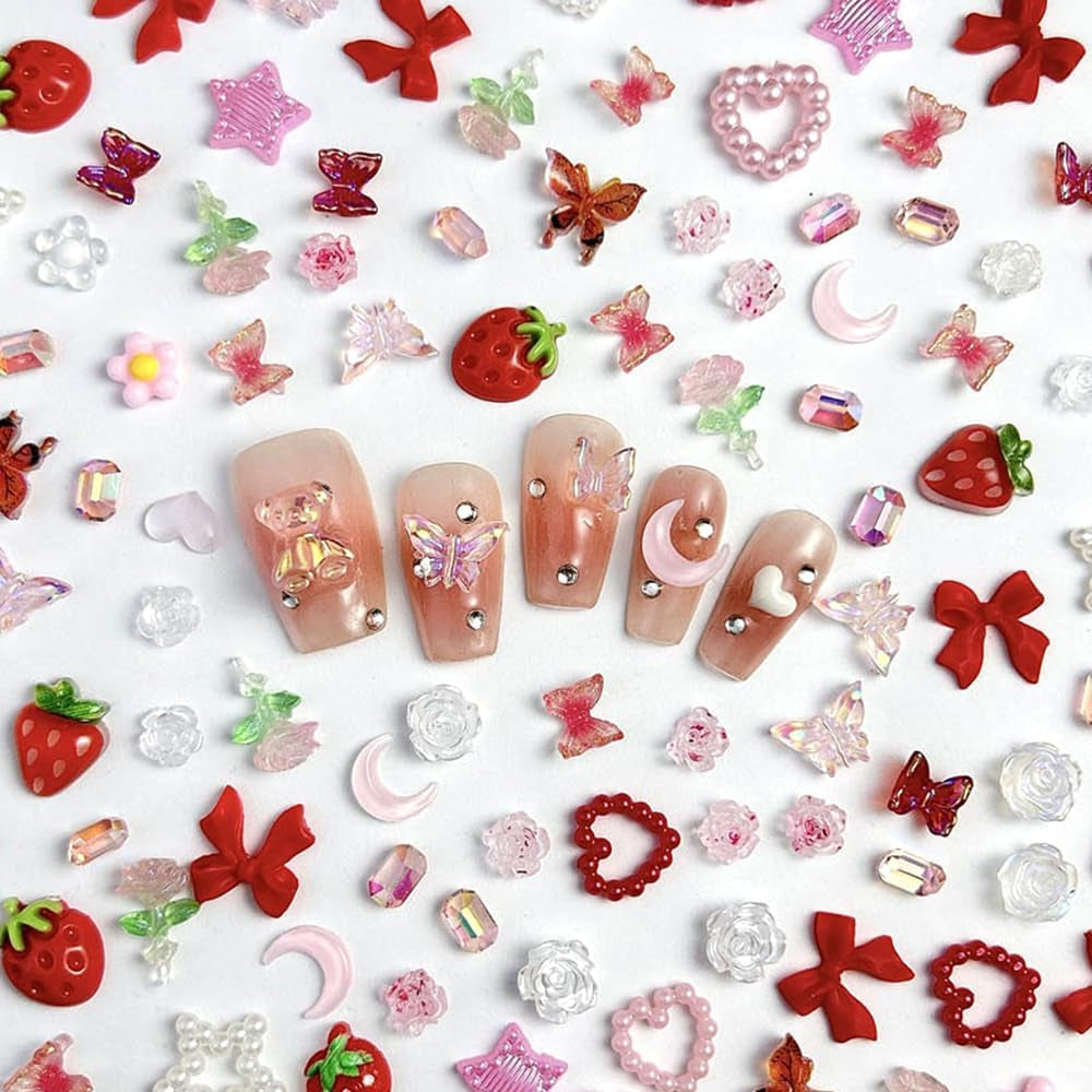 100 pz 3D Nail Charms Rosa Rot Kirsche Erdbeere Blume Nagel Charms Kamelie Rose Schmetterling Nail Art Charms Flatback Herz Schleife Charms Nägel Zubehör Mond Stern Nagelschmuck Nageldesign Anhänger