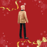 Barbie Signature 2025 Holiday Blonder Ken Modepuppe zum Sammeln in completem Anzug mit Goldener Jacke in Einer Verpackung zum Ausstellen und mit Puppenständer, JGK55