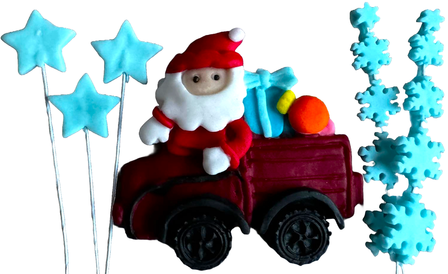 Set di 6 decorazioni commestibili in pasta di zucchero, Natale, Auto di Babbo Natale, stelle e fiocchi di neve Decorazioni in Pasta di Zucchero Naty Shop