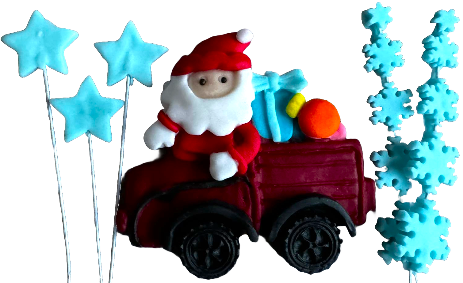 Set di 6 decorazioni commestibili in pasta di zucchero, Natale, Auto di Babbo Natale, stelle e fiocchi di neve Decorazioni in Pasta di Zucchero Naty Shop