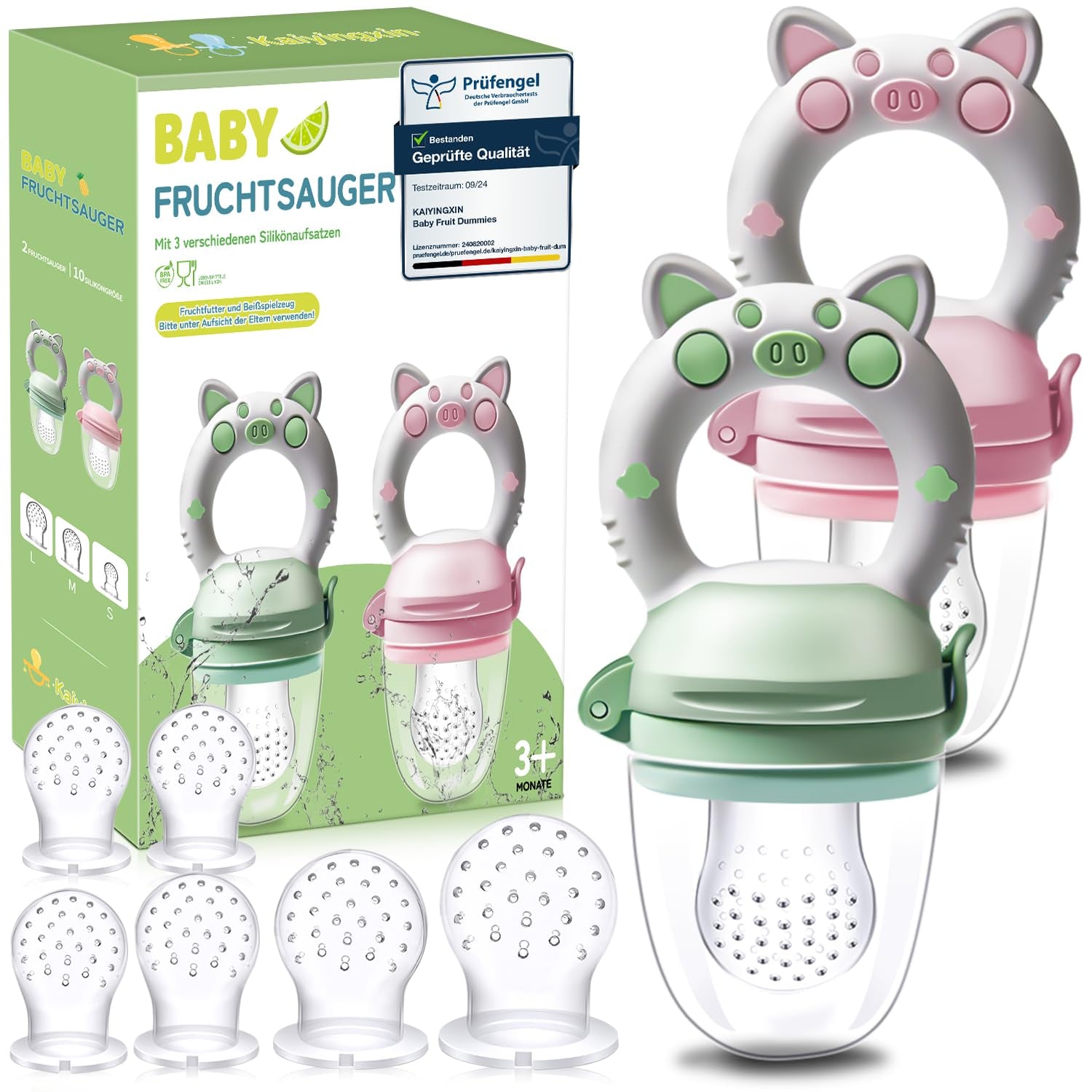 Ciucci alla frutta per bambini, confezione da 2 ciucci alla frutta per bambini dai 3 mesi in su versione aggiornata 2023, ciucci riempibili, ciucci per porridge, ciucci alla frutta per bambini, senza BPA, 8 tettarelle in silicone in 3 misure