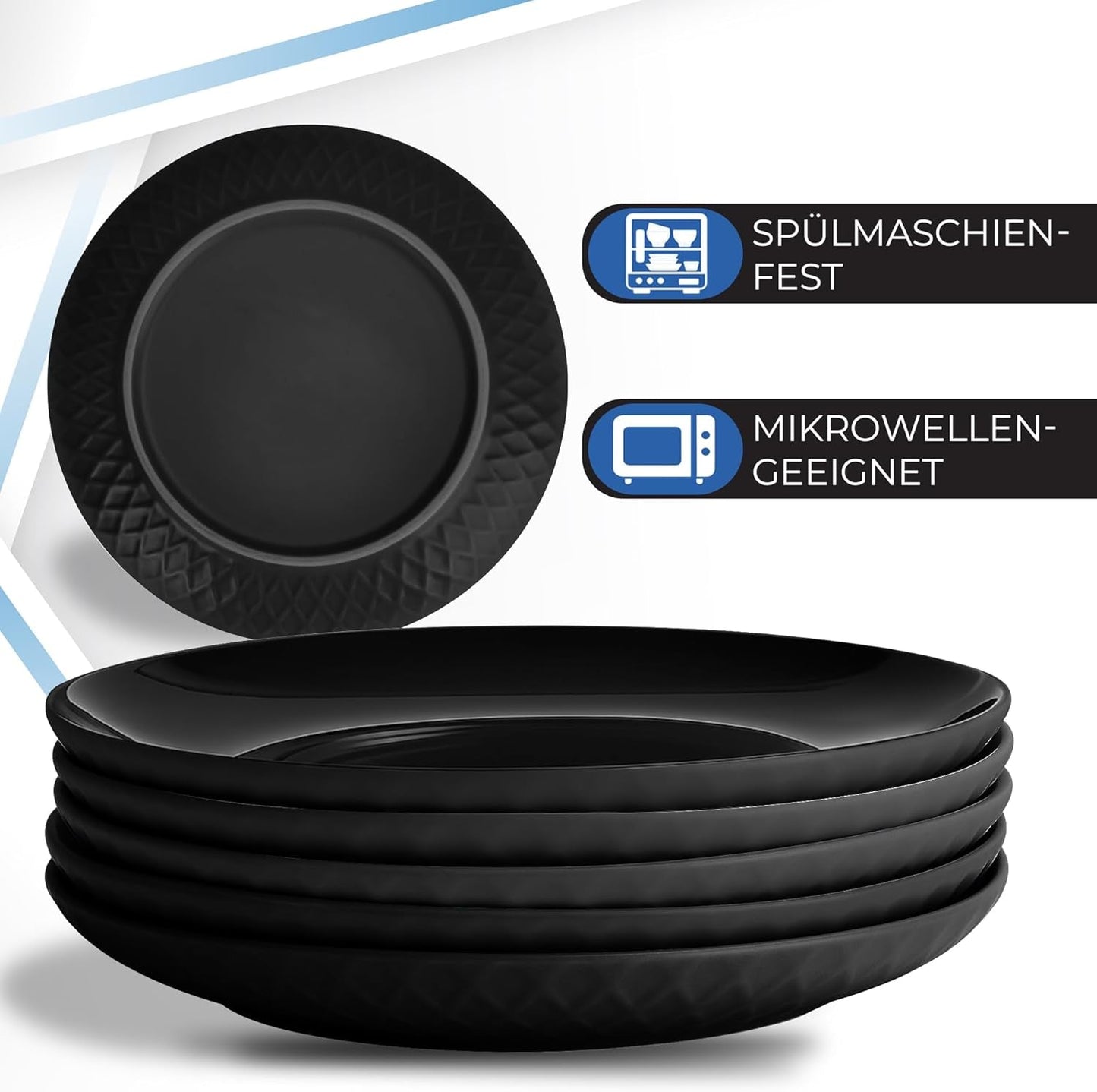 MIAMIO - Set di stoviglie/piatti moderni in ceramica per 6 persone, collezione Palmanova (Nero, Piatti grandi (6x))