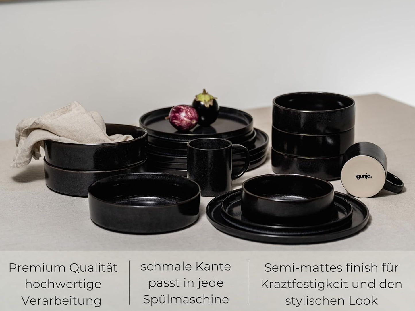 Set di stoviglie e piatti in gres nero [12 pezzi per 4 persone] Set di stoviglie nere fatte a mano al 100% con smalto reattivo di qualità premium