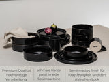 Set di stoviglie e piatti in gres nero [12 pezzi per 4 persone] Set di stoviglie nere fatte a mano al 100% con smalto reattivo di qualità premium