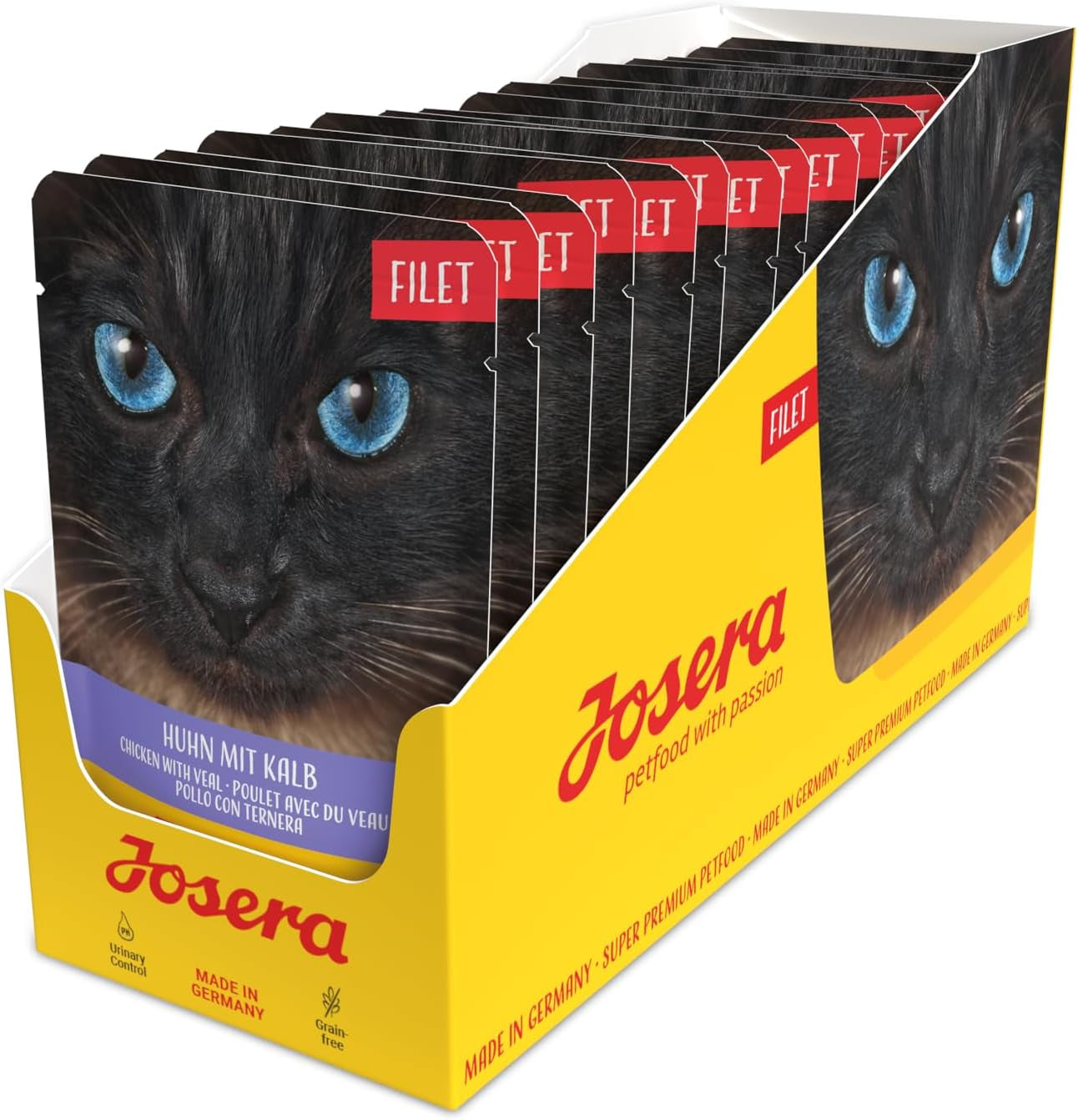 JOSERA Filetto di pollo e vitello (16 x 70 g) | Adulto | Cibo umido premium per gatti adulti | Pollo e vitello con filetto di pollo al 40% | Niente cereali | Cibo umido per gatti in sacchetto salvafreschezza | Confezione da 16
