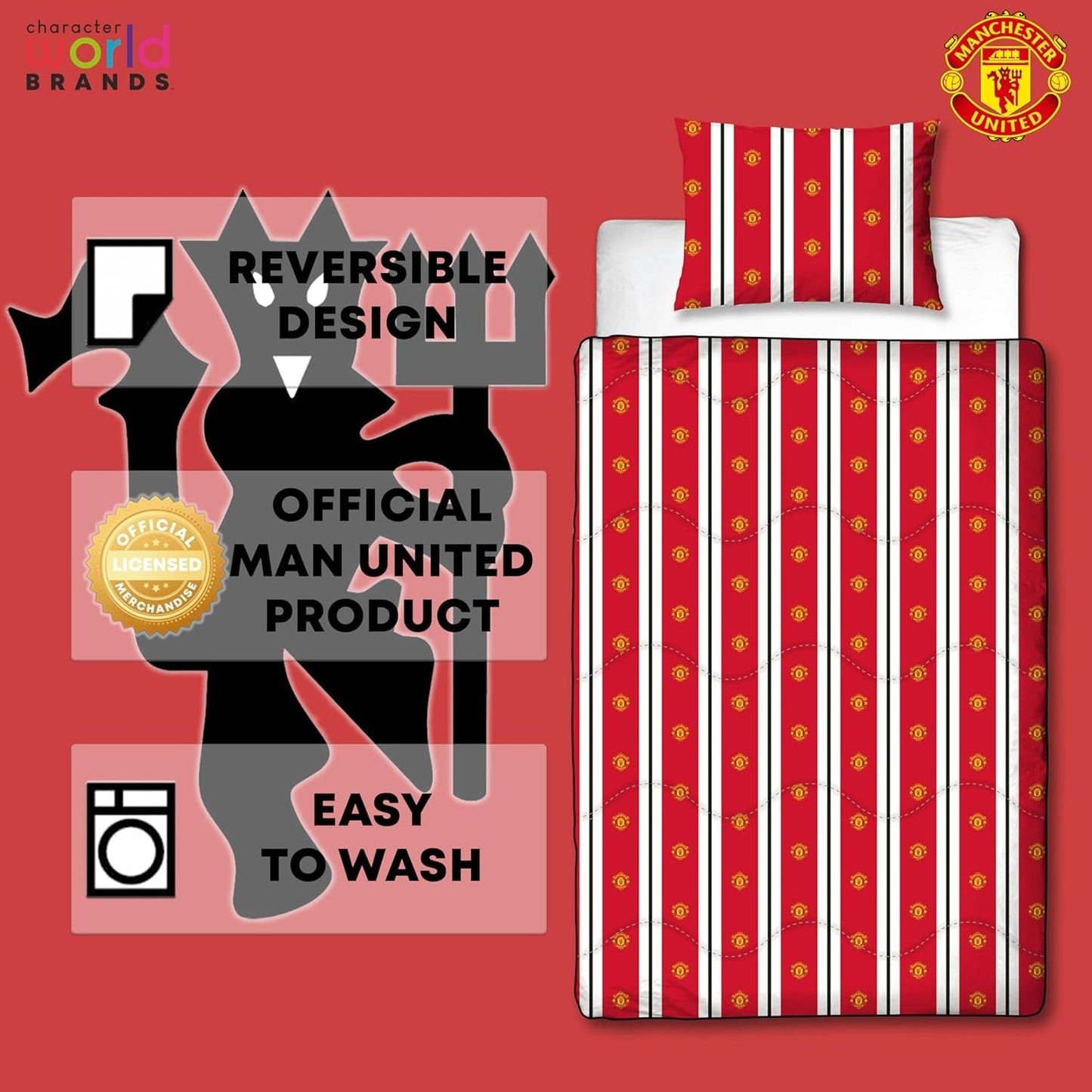 Piumino singolo ufficiale Manchester United FC, reversibile, rosso e bianco, senza copertura, trapunta da calcio, federa, lavabile, perfetto per viaggi, pernottamenti, piumini e trapunte da 10,5 Tog Naty Shop