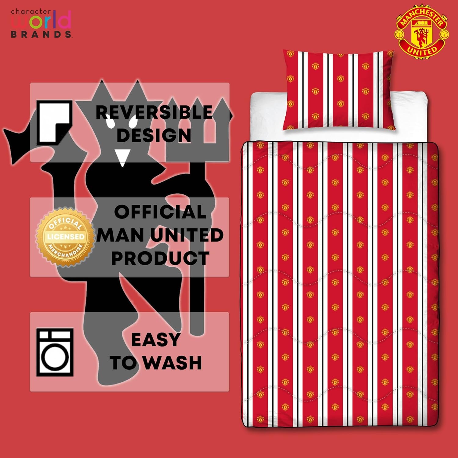 Piumino singolo ufficiale Manchester United FC, reversibile, rosso e bianco, senza copertura, trapunta da calcio, federa, lavabile, perfetto per viaggi, pernottamenti, piumini e trapunte da 10,5 Tog Naty Shop