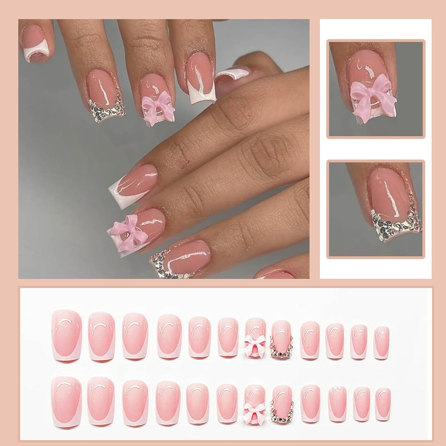 24 pezzi di fiocchi di diamanti rosa compresse per french manicure unghie quadrate modello strass unghie artificiali rosa nudo manicure con colla a copertura totale
