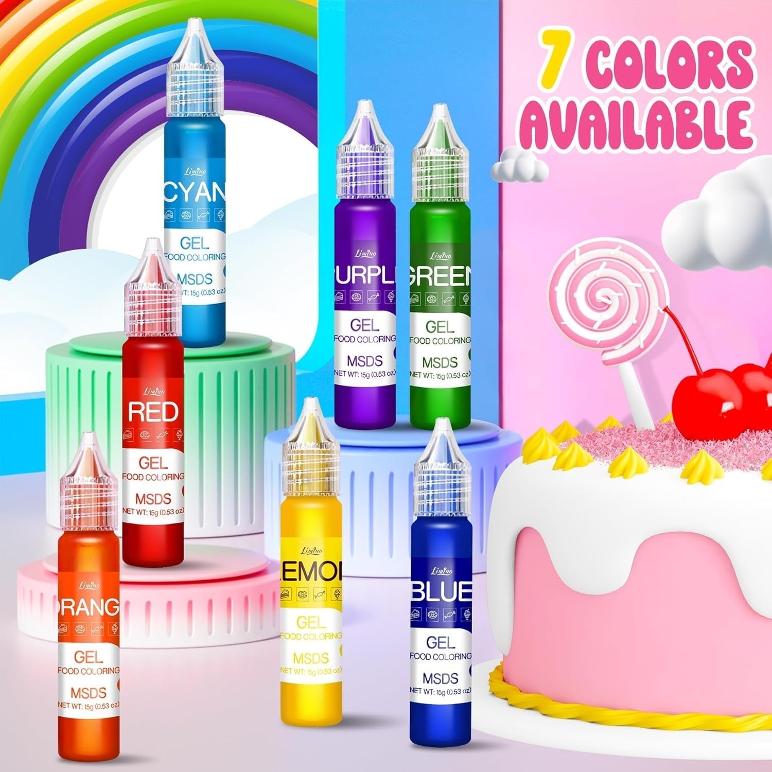 Colorante alimentare in gel - Colorante alimentare arcobaleno per torte, dolci, biscotti, amaretti - Colorante alimentare concentrato senza zucchero per decorare torte, bevande, uova di Pasqua, slime - 15 g ciascuno