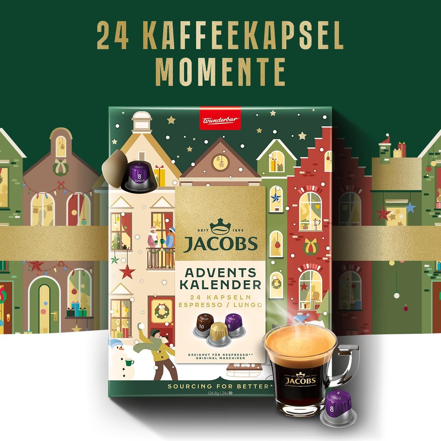 Jacobs Kapsel Adventskalender, 24 Espresso/Lungo Kapseln, Nespresso* compatibile Kaffee Kapseln, 24 Kapseln