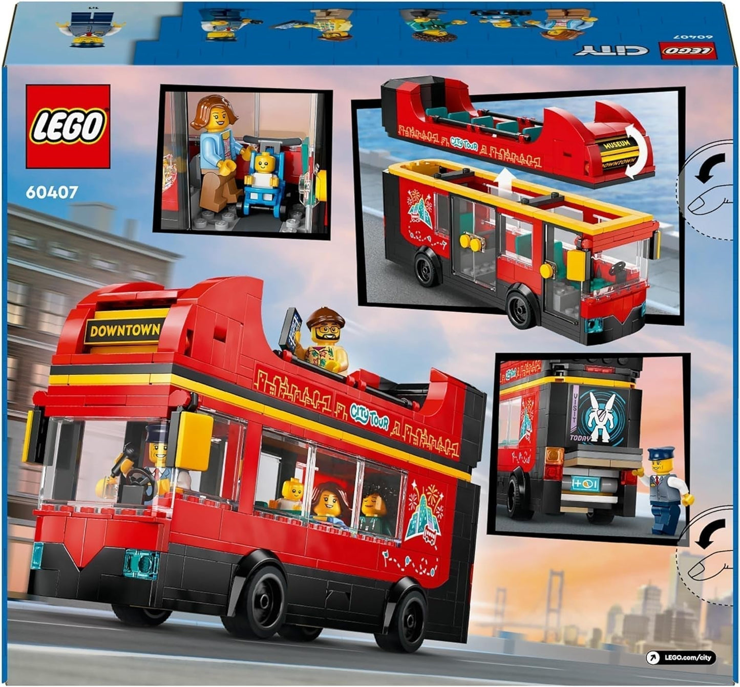 Autobus a due piani LEGO City, autobus giocattolo a due piani, set di veicoli per ragazze e ragazzi dai 7 anni, contiene 5 personaggi, incluso un bambino in carrozzina 60407 Set da costruzione Besuche den LEGO-Store