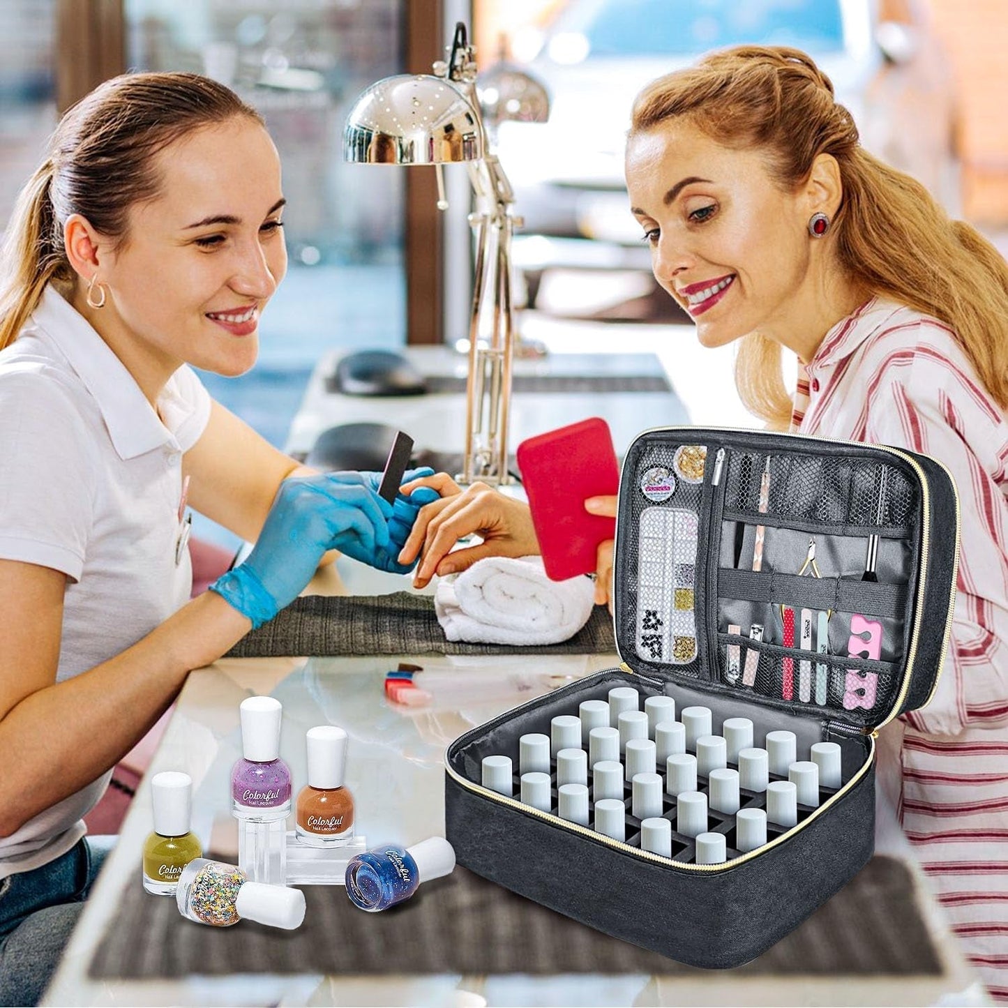 Tasche organizer per smalto per unghie, scatola portaoggetti per smalto per unghie doppia, borsa organizer per cosmetici per design cosmetico per 30 bottiglie di base Neonail (15 ml-0,5 fl.oz) e 1 lampada per unghie (nero)