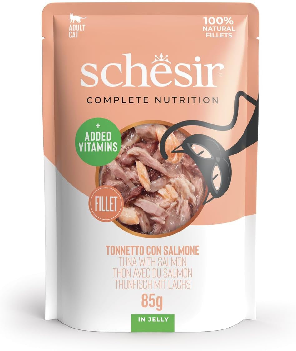 , Tunfisch mit Lachs in Gelee, kompletes Nassfutter für Katzen, im Beutel, 100% natürliche Inhaltsstoffe, tierversuchfrei, 12 x 85 g