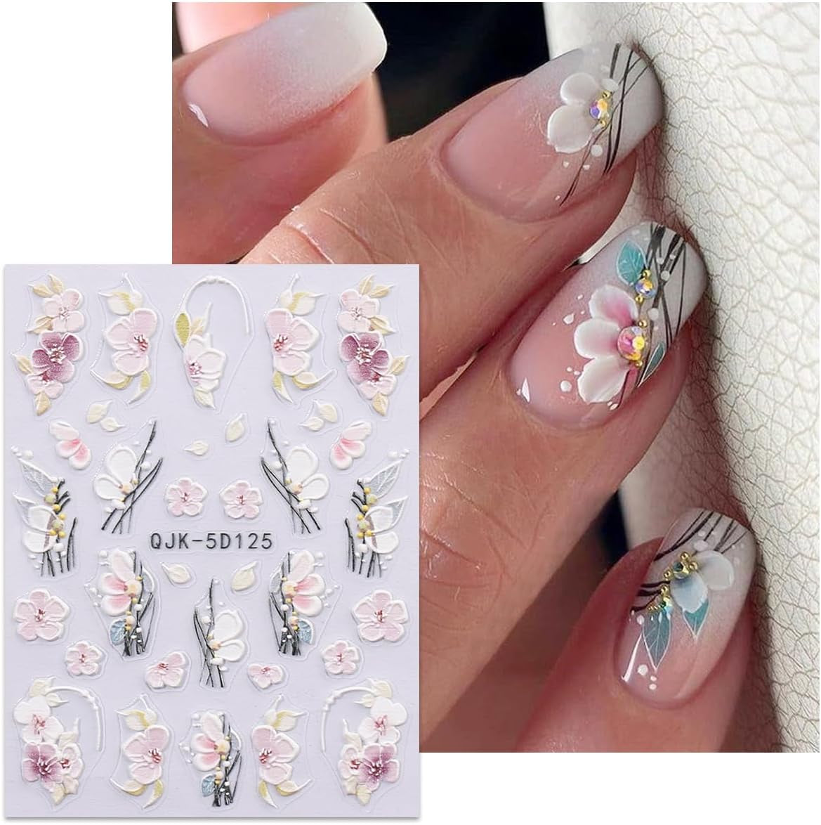 JMEOWIO 3D Nagelsticker Blumen Nail Art Sticker Selbstklebend Nagelaufkleber 5D Stereoscopico Frühling Sommer Dekoration Nageldesign Zubehör 4 Blatt
