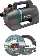 Set Pompa da Giardino Gardena 4100 Silent: Pompa per irrigazione Molto Silenziosa e Innovativa con Attacco di Aspirazione da 3,5 m e Tubo Classico da 20 m, Portata 4100 L/h, Motore da 550 W, Impermeabile, Economica (9051-20)