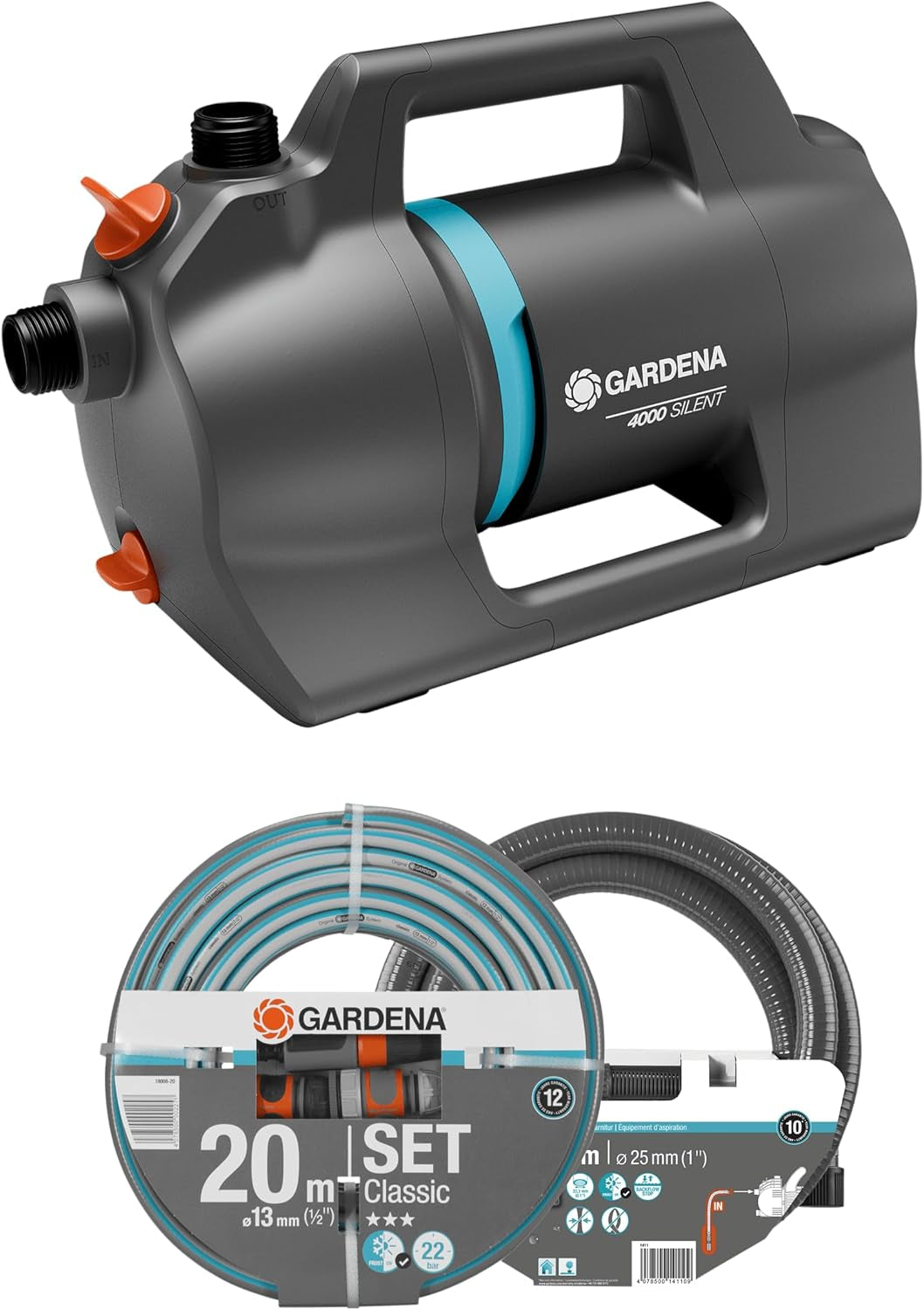 Set Pompa da Giardino Gardena 4100 Silent: Pompa per irrigazione Molto Silenziosa e Innovativa con Attacco di Aspirazione da 3,5 m e Tubo Classico da 20 m, Portata 4100 L/h, Motore da 550 W, Impermeabile, Economica (9051-20)