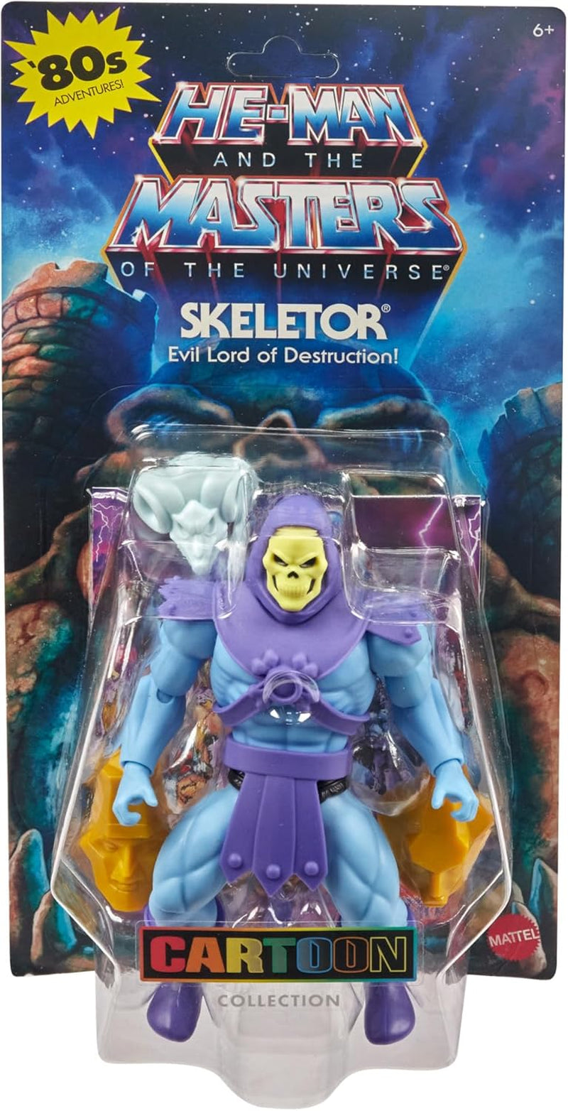 Giocattolo Masters of the Universe Origins, figura di Skeletor della collezione di cartoni animati, cattivo in piedi a ca. 14 cm con armatura, bastone, spada e 2 maschere, Action figures HYD24 Naty Shop