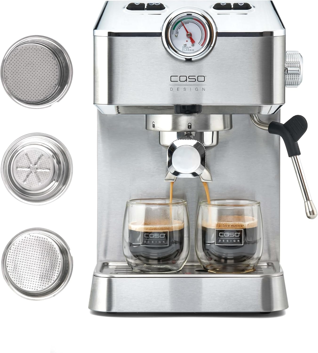 Caso Espresso Gourmet - Macchina per caffè espresso con portafiltro in acciaio inossidabile, potente pompa Ulka da 19 bar, con montalatte, per caffè macinato o capsule di caffè ESE, per 2 tazze, con scaldatazze
