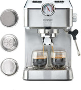 Caso Espresso Gourmet - Macchina per caffè espresso con portafiltro in acciaio inossidabile, potente pompa Ulka da 19 bar, con montalatte, per caffè macinato o capsule di caffè ESE, per 2 tazze, con scaldatazze