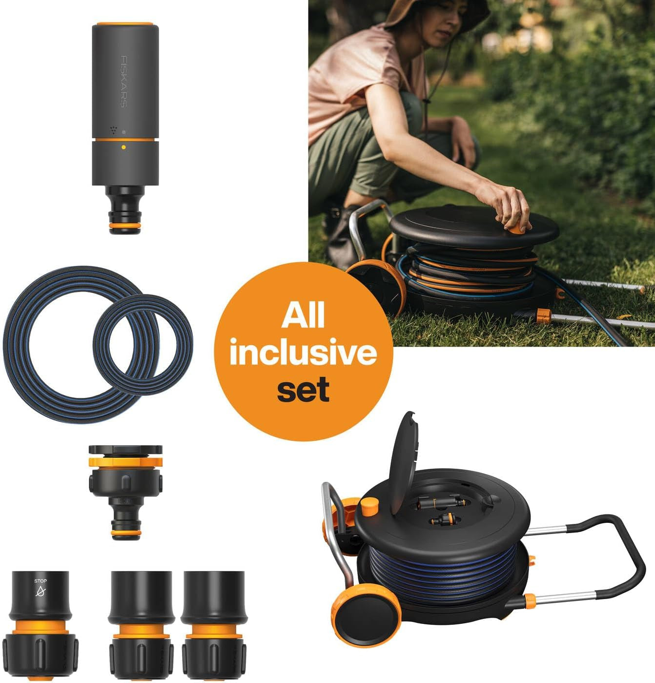 Ruota idraulica Fiskars Comfort L con ruote, set di irrigazione all-inclusive, portata totale di 31,5 m, avvolgimento automatico, tubo da giardino universale (Ø 13 mm), attacco per rubinetto universale, 1071670