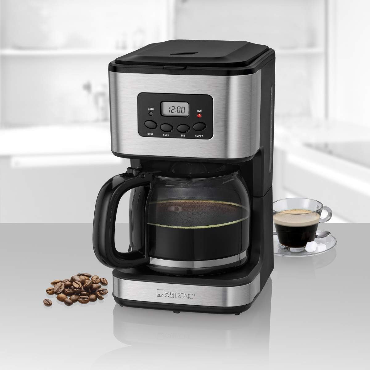 Caffettiera Clatronic® con timer, caraffa da 1,5 litri per 12-14 tazze di caffè, timer LCD 24h, funzione mantenimento in caldo, antigoccia, filtro removibile, display e spie luminose, 900W - KA 3642